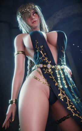 1girls 3d alternate_hairstyle arm_bracelet background belt big_breasts big_eyelashes blonde_hair bloo3d bracelet braided_hair braided_ponytail braless breasts busty busty_female cleavage cleavage_dress covered_nipples crown dress_aside elden_ring eyeliner female female_only fully_clothed gold_nail_polish hair_over_one_eye hand_on_hip legs_apart light_makeup lip_gloss long_hair looking_ahead low-angle_view mole_on_face mole_under_eye nail_polish nipple_bulge no_bra painted_nails panties panty_peek queen_marika_the_eternal revealing_clothes sideboob solo sweat sweaty_body thick_thighs thighs very_long_hair waist_chain yellow_eyes