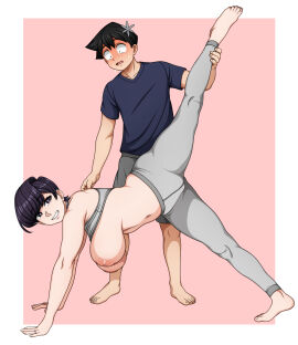 1boy 1girls age_difference barefoot big_breasts breasts exposed_breasts female hanging_breasts heart-shaped_pupils huge_breasts komi-san_wa_komyushou_desu komi_shuuko light-skinned_female light-skinned_male light_skin male mature mature_female milf mother sockinajar tadano_hitohito voluptuous voluptuous_female yoga yoga_pants