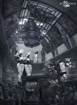 alternative_fashion anal anal_sex anthro areola big_breasts bitchsuit black_latex bondage bondage_gear bondage_harness bound breasts buttplug canid canine chains chair chair_bondage chandelier chastity_cage chastity_device cleaning_tool clothing container cup dimensional_ring dominant dominant_female dragon drinking ear_piercing feather_duster felid feline female fish flat_chastity_cage forniphilia furniture gag gagged goth group gynomorph hi_res hobble_dress hobble_skirt hogtied ika_(zerofenrir) intersex lagomorph latex leporid long_ears maid_apron maid_headdress maid_uniform male mammal mansion marine mythological_creature mythological_scalie mythology nipples objectification penetration piercing plug_(sex_toy) portal_ring rabbit ring_gag scalie sculpture sensory_deprivation sensory_deprivation_hood servant serving_tray sex_toy shark slave sleepsack statue steam suspension suspension_bondage tea_cup teapot through_wall uniform vacuum_bed zerofenrir