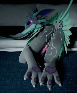 2024 3d anthro ass avali avian bedding blush blush_lines bodily_fluids claws cum cum_in_ass cum_inside cum_on_ass cum_on_butt cum_on_penis digital_media_(artwork) feathers genital_fluids genitals green_body green_feathers grey_body grey_feathers hi_res jukkavali looking_back lying male messy multi_ear multicolored_body multicolored_feathers nude on_front paws penis purple_blush purple_eyes solo tail tail_feathers toe_claws tyr_(tyrthesynth) underfluffies