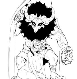 1boy 1girls arlecchino_(genshin_impact) black_and_white female genshin_impact hilichurls_(species) imminent_rape imminent_sex keinv kneeling male maskwolf mitachurl nude nude_female on_knees size_difference