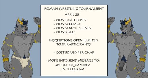 anthro athletic balls canid canine canis domestic_dog duo fight fighting_ring gabu_(hunterramirez) genitals horn hunterramirez male male/male mammal muscular nipples nude penis smile tournament wolf wrestler wrestling