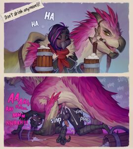 alcohol all_fours anthro anthro_on_feral ass avian balls beak beverage bird bodily_fluids bubble container corvid corvus_(genus) cum cum_in_ass cum_inside cup drunk drunk_bubble duo ejaculation feral finn_(birdshinobi) genital_fluids genitals hair hi_res lafcream laugh male male/male mug on_ground onomatopoeia oscine passerine penetration penis seikret sound_effects substance_intoxication text zoophilia