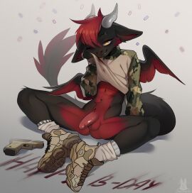 angel_dragon anthro armando_(bratecdragon) army army_uniform balls belly big_tail black_body blood_on_face bodily_fluids boots bottomless clothed clothing combat_boots digital_media_(artwork) dragon english_text eyebrow_scar eyebrows facial_scar feathered_wings feathers femboy footwear fur genitals glock_17 hair hi_res horn hybrid janiskisa long_ears long_tail looking_at_viewer male male_only military military_uniform muscular mythological_creature mythological_scalie mythology navel nosebleed nude penis ranged_weapon red_hair relieved scalie scar shoes short_hair simple_background small_wings smile sneakers socks solo tail tail_feathers teeth text uniform warrior weapon wings yellow_eyes