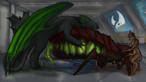 16:9 alien anthro anthro_on_feral arthropod arthropod_abdomen arthropod_abdomen_genitalia arthropod_abdomen_penetration arthropod_abdomen_penis digital_drawing_(artwork) digital_media_(artwork) digital_painting_(artwork) dragon dreamworks european_mythology felid feline fellatio feral feral_on_feral from_behind_position fury_(httyd) genitals group gummi_art helldivers hi_res holding_partner holding_partner's_head how_to_train_your_dragon insects inside light lynx male male/male mammal mythological_creature mythological_scalie mythology night_fury oral painting_(artwork) penetration penile penis rupture_spewer scalie screen sex size_difference spitroast stretcher terminid trio unusual_anatomy unusual_genitalia western_dragon widescreen zoophilia