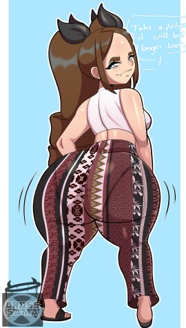 1girls alexandria_(cross_samax) ass big_ass blue_eyes bottom_heavy brat breasts brown_hair bubble_ass bubble_butt clothing crop_top cross_samax dialogue fat_ass female female_only flare_pants forbidden_pants huge_ass insult insulting_viewer large_ass looking_at_viewer looking_back massive_ass original pants pantylines png rich_female shoes showing_off smug solo talking_to_viewer taunting teasing text thick_ass thick_thighs wide_hips