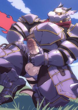 2024 anthro armor balls bara big_balls big_muscles big_penis boots breastplate charra_(gullax_lusar) claws clothed clothing cloud day dragon erection footwear foreskin gauntlets genitals glans gloves grass greaves handwear headgear helmet hi_res huge_muscles humanoid_genitalia humanoid_penis kneeling low-angle_view male muscles muscular muscular_anthro muscular_male mythological_creature mythological_scalie mythology non-mammal_balls on_one_knee outside pauldron penis plant presenting presenting_penis scalie scarf shoes sky solo thick_arms thick_thighs tiggon_the_great uncircumcised yaoi
