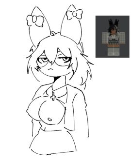 1girls black_and_white boobs_out breasts breasts_out bunny_ears bunny_girl clothed clothing cross_necklace digital_drawing_(artwork) ear exposed_breasts female female_only ghostbacon glasses long_hair necklace nipples original_character rabbit_ears rabbit_girl reference_image roblox roblox_avatar robloxian self_upload sketch skirt solo unamused