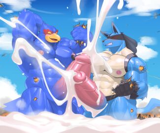 abs absurd_res aircraft airplane anthro avian balls beak blue_body blush bodily_fluids canid canine closed_eyes cum cum_in_water destruction duo erection excessive_cum excessive_genital_fluids explosion falco_lombardi flooding frottage generation_4_pokemon genital_fluids genitals hi_res humanoid_genitalia humanoid_penis lucario macro male mammal muscular muscular_anthro muscular_male namutree nintendo nipples non-mammal_nipples pecs penile penis penises_touching pokemon pokemon_(species) sea sex ship spines star_fox tail vehicle water watercraft