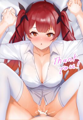 1boy :o absurdres azur_lane black_ribbon bottomless breasts censored commission cum cum_in_pussy deep_penetration female from_above got0_naisho gradient_hair hair_between_eyes hair_ribbon hands_up highres holding_hands honolulu_(azur_lane) large_breasts long_hair looking_at_viewer looking_up male missionary multicolored_hair naked_shirt no_bra orange_eyes orange_hair pixiv_commission pov pussy red_hair ribbon sex shirt solo_focus spread_legs straight twintails vaginal_penetration very_long_hair