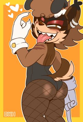 absurd_res accessory anthro ass big_ass big_butt blush brown_body brown_fur bunny_costume butt_pose cheek_tuft claws clothed clothing costume darkwolfhybrid dipstick_ears ear_markings ear_piercing ear_ring ear_tuft eyebrow_slit eyebrows eyeshadow facial_tuft fake_ears fake_rabbit_ears fan_character female fur glistening glistening_jewelry gloves gold_(metal) gold_tooth gulonine hair handwear heart_symbol hi_res jewelry legwear looking_at_viewer makeup mammal multicolored_ears mustelid musteline one_eye_closed open_mouth orange_eyes pantyhose piercing pose rear_view red_eyeshadow red_makeup ring_piercing scar scar_on_arms sega sharp_teeth short_hair solo sonic_(series) sonic_the_hedgehog_(series) sycho_the_wolverine teeth thick_eyebrows thick_thighs tongue tongue_out tuft wolverine