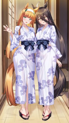 2024 2girls ahoge animal_ears background bangs black_hair blush collarbone corridor dress feet female female_only full_body green_eyes hair_between_eyes hairband hand_on_waist high_heels highres hugging indoors japanese_clothes kemonomimi kimono light-skinned_female light_skin long_hair looking_at_viewer manhattan_cafe_(umamusume) merufena open_mouth open_shoes open_smile orange_hair silence_suzuka_(umamusume) smile standing tail umamusume umamusume_pretty_derby waist waist_hug waving_at_viewer yellow_eyes