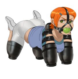 all_fours angry_face armbinder ass ben_10 bitchsuit blank_background bondage breasts cartoon_network female gagged ginger green_eyes gwen_tennyson gwen_tennyson_(classic) harness_ball_gag helpless kidnapped kittsri999 legbinder petite petite_female petplay restrained short_hair tagme teenage_female teenager tight_clothing white_background