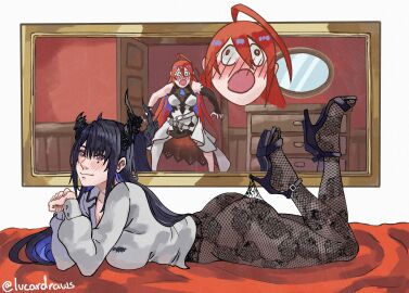 beauty_mark black_hair blue_highlights blush broken_horn elizabeth_rose_bloodflame fanart fanart_from_twitter fishnets high_heels hololive hololive_advent hololive_english hololive_english_-advent- hololive_english_-justice- hololive_justice horns lucardraws lying_on_bed lying_on_stomach mirror mirror_reflection nerissa_ravencroft pink_eyes red_eyes vtuber vtuberfanart vtubers white_shirt yuri