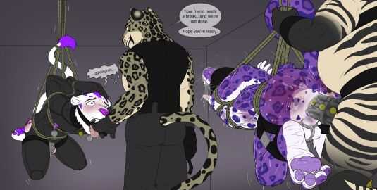 absurd_res anal anal_sex anthro anthro_on_anthro anthro_penetrated anthro_penetrating anthro_penetrating_anthro ass backsack balls ballsack belt black_body black_clothing black_fur black_shirt black_topwear blush bodily_fluids bondage bondage_gear bound chastity_cage chastity_device clothed clothing dialogue dugan_(dugantheblackpanther) ellipsis english_text equid equine feet felid fur gag gagged gay gay_male genital_fluids genital_piercing genitals grey_body grey_fur hands_behind_back hi_res hindpaw hooded jaguar lion literaturabdsm male male/male male_penetrated male_penetrating male_penetrating_male mammal markings nipple_clamp nude pantherine pawpads paws penetration penis penis_piercing piercing precum purple_body purple_eyes purple_fur purple_pawpads quagga_(literaturabdsm) raised_tail reddened_butt restraints ring_gag rope rope_bondage rope_harness rough_sex saliva sex shirt slave spank_marks speech_bubble spots spotted_body spotted_fur standing striped_body striped_fur stripes suspension tail tears text tongue tongue_out topwear whip_mark white_body white_fur yaoi zebra