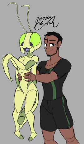 1girls 4_arms antennae_(anatomy) anthro arthropod arthropod_abdomen athletic athletic_human athletic_male azaan_(wayesh) beard black_hair brown_body clothed_human clothed_male cuntboy daniel_(wayesh) duo exoskeleton facial_hair featureless_chest female flat_chest genitals green_body green_exoskeleton hair hands_on_waist hi_res holding_another human insects intersex male mammal mantis multi_arm multi_limb multicolored_body nude_anthro nude_cuntboy original original_character original_characters pupils purple_pupils pussy signature size_difference slim_anthro slim_cuntboy smile true_flat_chest two-tone_body wayesh yellow_body yellow_exoskeleton