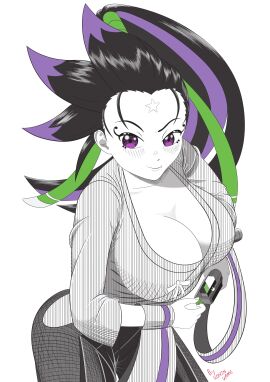 1girls artist_signature beyblade beyblade_x big_breasts black_hair blush breasts clothed clothing female green_highlights holding_object monochrome ponytail purple_eyes purple_highlights ronin_kame shiroboshi_tenka solo spot_color takara_tomy