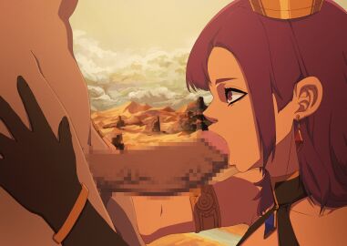 1boy animated armlet cloud cloudy_sky crown deepthroat earrings fellatio female grey_sky highres jewelry long_hair looping_animation oral original outdoors red_hair sky straight zmyurasu