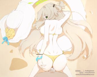 1boy all_fours animated anus ass ass_ripple back bar_censor bikini blue_archive blush bracelet breasts censored clothed_sex clothing_aside deep_penetration doggy_style female from_behind grabbing_own_ass green_eyes hair_rings halo hat highres jewelry large_breasts light_brown_hair long_hair looking_at_viewer looking_back looping_animation male nonomi_(blue_archive) nonomi_(swimsuit)_(blue_archive) official_alternate_costume outdoors paid_reward_available penis pussy pussy_juice sex sex_from_behind side-tie_bikini_bottom smile solo_focus straight sun_hat swimsuit unworn_headwear vaginal_penetration wawa_(lingomogu) white_hat yellow_bikini