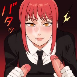 1girls 2boys blowing blowjob blowjob_face blowjob_pov chainsaw_man female gangbang gangrape gloves light-skinned_female light-skinned_male light_skin makima_(chainsaw_man) male mmf_threesome red_hair satsufumi threesome white_gloves