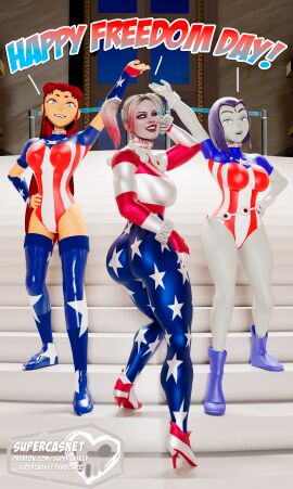 3d 3d_(artwork) 3girls alien_girl alien_humanoid american_flag_print ass batman_(series) big_breasts boots breasts cambion crossover curvaceous curvy curvy_figure dc dc_comics digital_media_(artwork) female female_only forehead_jewel fourth_of_july harley_quinn harley_quinn_(injustice) hero heroine high_heel_boots high_heels hips hourglass_figure human humanoid injustice_2 koriand'r large_breasts legs leotard light-skinned_female light_skin multicolored_hair multiple_females multiple_girls orange-skinned_female orange_skin pale-skinned_female pale_skin pigtails purple_hair rachel_roth raven_(dc) red_hair signature slim_waist starfire supercasket tamaranean teen_titans text thick_legs thick_thighs thigh_boots thighs villain villainess wide_hips