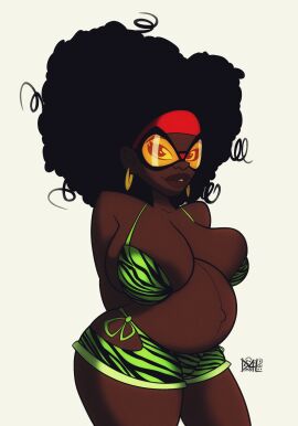 1girls 2d 2d_(artwork) afro areola_slip areolae belly big_belly big_breasts bikini breasts canon_pregnancy dark-skinned_female dark_skin duck4_lunch duck4lunch female female_only giant_breasts glasses goggles hairband huge_breasts jessica_drew jessica_drew_(earth-332) marvel marvel_comics outie_navel pregnant solo spider-man:_across_the_spider-verse spider-man_(series) spider-woman spider-woman_(jessica_drew) thick_thighs tiger_print white_background wide_hips