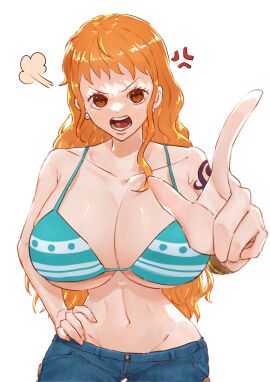 1girls arm_tattoo bare_shoulders big_breasts bikini blue_tattoo breasts breasts_bigger_than_head clothed clothing color female female_focus female_only hi_res jeans large_breasts light-skinned_female light_skin long_hair looking_at_viewer massive_breasts nami_(one_piece) one_piece orange-haired_female orange_eyes orange_hair post-timeskip sc_scandium shounen_jump solo solo_female striped_bikini tagme tattoo thick_thighs