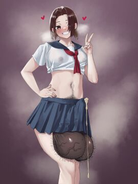 1futa balls belly_button blush breasts brown_eyes brown_hair casual_erection casual_exposure casual_nudity cum cum_through_clothes dark-skinned_penis dark_nipples dark_skin doukutsu_ika erect_nipples erection female futa_only futanari hairy hairy_balls heart huge_balls hyper_balls ineffective_clothing ineffective_skirt intersex looking_at_viewer nails nipples peace_sign penis penis_under_clothes pubic_hair school_uniform schoolgirl see-through see-through_clothing skirt small_breasts smile standing sweat sweatdrop tagme testicles thighs veiny_balls veiny_testicles