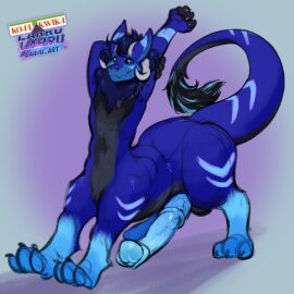 animal_genitalia animal_penis big_penis blue_body blue_fur equine_genitalia equine_penis erection fur genitals huge_cock larru-larru male male_only nude pawpads penis simple_background solo solo_male stretching taur wickerbeast_taur
