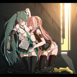 2girls ahe_gao alley aqua_hair arm_tattoo blue_eyes blush boots breast_sucking breasts breasts_out chiri_(atlanta) clenched_teeth clothes_lift cum cum_in_pussy female fingering fingering_through_clothes fingering_through_panties green_eyes hand_in_another's_panties hand_in_panties hatsune_miku headphones headset highres holding_hands interlocked_fingers jacket kneeling leg_up letterboxed licking licking_nipple medium_breasts megurine_luka multiple_females multiple_girls necktie nipple_stimulation no_bra open_clothes open_jacket outdoors panties partially_undressed pink_hair pussy pussy_juice remote_place reverse_nursing_fingering shirt shirt_down skirt skirt_lift small_breasts smile tattoo tears teeth thigh_boots thighhighs through_clothes twintails underwear vocaloid wet wet_clothes wet_panties yuri