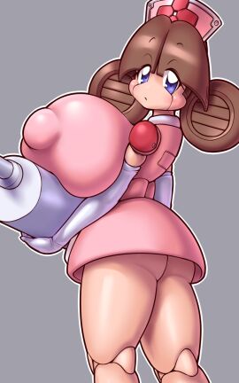 ass blue_eyes breasts brown_hair clothed clothing female female_focus female_only higuma huge_breasts humanoid_robot light-skinned_female light_skin looking_back nipples nude nurse_(robopon) nurse_cap nurse_uniform robopon robot_girl tagme voluptuous wide_hips