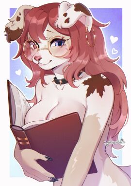 anthro big_breasts black_claws blue_eyes book book_covering_breasts breasts canid canine canis cepto_(artist) claws collar covered_breasts domestic_dog ear_hoop ear_piercing eyewear female female_anthro glasses hair heart_symbol heterochromia hi_res mammal maple_leaf nude nude_anthro nude_female piercing red_eyes red_hair smile solo spiked_collar spikes