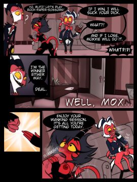 1girls 2boys 2d 2d_(artwork) being_watched blitzo_(helluva_boss) blowjob cheating cuckold dialogue fapping fellatio female handjob handjob_while_sucking helluva_boss imp kojot male masturbating_cuck masturbation millie_(helluva_boss) moxxie_(helluva_boss) netorare ntr