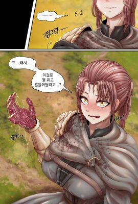 1boy 1girls big_breasts blush breasts cum_on_face cumshot elden_ring female fromsoftware handjob korean_commentary korean_text male millicent_(elden_ring) nipple_bulge nipples_visible_through_clothing powpill red_hair tarnished translation_request