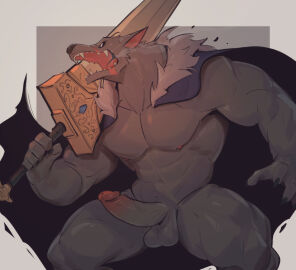 2024 abs anthro balls biped blaidd_(elden_ring) breath canid canine canis claws cloak_only digital_media_(artwork) elden_ring erection facial_scar fangs finger_claws foreskin fromsoftware fur furry gay genitals grey_body grey_fur hi_res holding_melee_weapon holding_object holding_sword holding_weapon humanoid_genitalia humanoid_penis male male_anthro male_only mammal melee_weapon muscular muscular_anthro muscular_male nipples open_mouth pecs penis retracted_foreskin scar solo sword teeth uncircumcised weapon wolf wolfanine