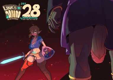 big_ass big_breasts blonde_hair chastity chastity_cage chastity_device digital_drawing_(artwork) drawing edging exhibitionism ganondorf genderswap_(mtf) humiliation lewd link male_only no_nut_november rule_63 slutty_outfit snomdoodles the_legend_of_zelda thick_hips thick_legs thick_thighs yaoi