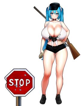 big_breasts black_collar blue_eyes blue_hair breasts bullet chorquistudios corse corsica_bikini_flag corsica_flag corsica_miku female gun hat hatsune_miku huge_breasts knife long_hair png sausage shoes short_pants standing stop_sign tall_female vocaloid white_bikini