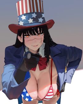 1girls american_flag_bikini big_breasts bikini black_hair breasts chainsaw_man cleavage cosplay female female_only hat hintobento huge_breasts i_want_you large_breasts long_hair looking_at_viewer pointing pointing_at_viewer uncle_sam_(cosplay) yoru_(chainsaw_man)
