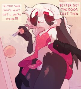 4_fingers anthro assisted_exposure balls black_and_white_fur black_body black_fur blush bodily_fluids breasts clenched_teeth clothed clothing clothing_pull colored comic dialogue disembodied_hand dress embarrassed femboy fingers floral_print fur genitals girly hair holding_key holding_leg holding_object holding_thigh key knot lagomorph leporid long_ears male male_only mammal no_underwear ori_(sinnerpen) outside penis pink_clothing pink_dress public public_nudity questionable_consent rabbit red_eyes red_penis shaded simple_shading sinnerpen solo_focus speech_bubble sweat sweatdrop teeth text white_hair