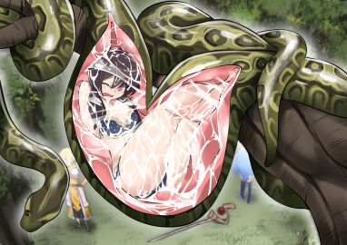 3girls alternate_costume alternate_version_at_source aqua_(konosuba) bare_legs blue_lingerie breasts cleavage closed_eye cramped dark_brown_hair darkness_(konosuba) exposed_shoulders eye_closed female feral feral_pred forest giant_snake hair_over_shoulder hanging_from_branch hi_res highres inside_stomach inside_view internal internal_view kono_subarashii_sekai_ni_shukufuku_wo! legs legs_together legs_up light_blush lingerie lingerie_only medium_breasts megumin monochrome-edge multiple_females multiple_girls one_eye_closed panties red_eyes snake snake_vore solo_focus stomach_acid vore wet wet_skin x-ray