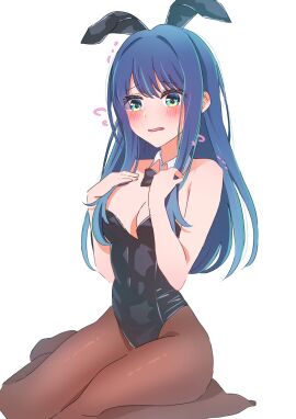 ass_visible_through_thighs bare_arms bare_shoulders belly_button_visible_through_clothing black_leotard blue_eyes blue_hair blush body_blush breasts brown_pantyhose bunny_ears bunnysuit cleavage detached_collar embarrassed feet female kurokawa_akane leotard long_hair medium_breasts open_mouth oshi_no_ko pantyhose riluly strapless strapless_leotard thighs