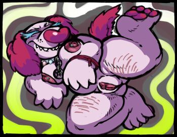 anthro bracelet breasts canine clownstongue collar female floppy_ears furry furry_only original_character pawpads pierced_nipples pink_fur pussy self_harm_scars sharp_teeth solo solo_anthro spiked_collar