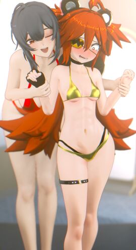 2girls ass belobog_heavy_industries big_ass big_breasts big_thighs bikini black_hair blush breasts embarrassed embarrassed_female female female_focus female_only gloves golden_bikini grace_howard huge_ass huge_breasts huge_thighs koleda_belobog legwear long_hair orange_eyes petite petite_body petite_breasts petite_female red_eyes red_hair rougenine sharp_teeth shortstack small_breasts smile smiling tagme thick_thighs thighs twintails zenless_zone_zero