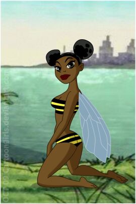 1girls 2000s 2009 bikini bumblebee_(dc) cartoongirls dark-skinned_female dark_skin dc dc_comics fairy female karen_beecher kneeling swimsuit teen_titans wings
