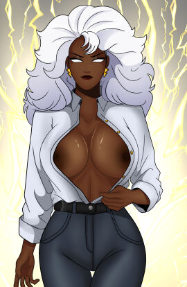 female grey_hair marvel marvel_comics nipples ororo_munroe sonson-sensei storm_(x-men) teasing unbuttoned x-men