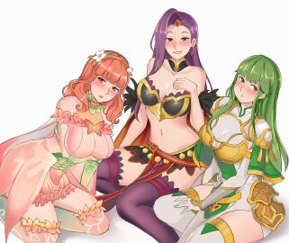 3girls :o alternate_costume arm_support armor bangs bare_arms bare_midriff bare_shoulders bare_thighs bellfonts blush boots breastplate breasts brown_eyes capelet celica_(fire_emblem) cleavage collarbone dress earrings fairy_wings female female_only fire_emblem fire_emblem_echoes:_shadows_of_valentia fire_emblem_heroes flower green_eyes green_hair grin hair_flower hairband hand_on_own_chest kneeling large_breasts legs long_hair looking_at_viewer midriff multiple_females multiple_girls navel nintendo official_alternate_costume open_mouth orange_eyes orange_hair palla_(fire_emblem) pelvic_curtain purple_hair shoulder_pads shoulders sitting skirt smile sonya_(fire_emblem) thick_thighs thigh_boots thighhighs thighs very_long_hair white_background wings