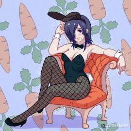 1:1_aspect_ratio animal_ears artsens8 bare_shoulders black_bow black_bowtie black_footwear black_hair black_legwear black_leotard black_neckwear black_pantyhose blush bow bowtie breasts bunny_ears bunnysuit carrot chair cleavage clothing detached_collar eyepatch eyewear fake_animal_ears female fishnet_legwear fishnet_pantyhose fishnets footwear hair_over_one_eye headwear high_heels high_resolution kirishima_touka legwear leotard looking_at_viewer medium_breasts medium_hair neckwear pantyhose playboy_bunny purple_eyes shoes short_hair sitting smile solo strapless strapless_leotard tail tokyo_ghoul wrist_cuffs