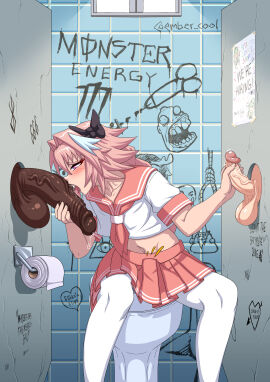 1femboy 3boys astolfo_(fate) balls big_penis blush clothing dark-skinned_male dark_skin ember_cool erection erection_under_clothes erection_under_skirt fat_cock fate/grand_order fate_(series) fellatio femboy girly glory_hole handjob huge_cock interracial licking licking_penis light-skinned_femboy light-skinned_male light_skin male male_focus male_only navel penis penis_licking penis_size_difference pink-haired_male pink_hair skirt stockings thick_penis toilet white_stockings