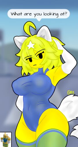 1girls arm_up armpit armpits artist_signature blurry_background bodysuit cameltoe carla_(chez-arts) chat_bubble chez-arts clothed confused english_text female furry_female gloves green_stockings noob pussy pussy_outline rate_my_avatar reference_image roblox roblox_avatar roblox_game robloxian scratching_head self_upload text thick_thighs thigh_highs tight_fit white_ears white_paws white_tail yellow_body yellow_hair yellow_skin