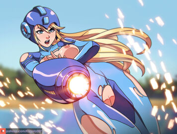 arm_cannon blonde_hair blue_bodysuit blue_eyes bodysuit breasts breasts_out capcom commentary cosplay crossover english_commentary exposed_breasts exposed_pussy female gun helmet kagato007 large_breasts long_hair looking_at_viewer medium_breasts mega_man mega_man_(character) mega_man_(classic) mega_man_(cosplay) mega_man_(series) metroid mole mole_under_mouth nintendo nipples open_mouth patreon_logo patreon_username ponytail pussy samus_aran simple_background skin_tight solo super_smash_bros. torn_bodysuit torn_clothes uncensored watermark weapon web_address zero_suit